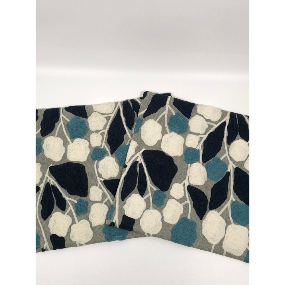 West Elm Crewel Stitch Set of 2 Pillowcases 20x20 Blue Floral